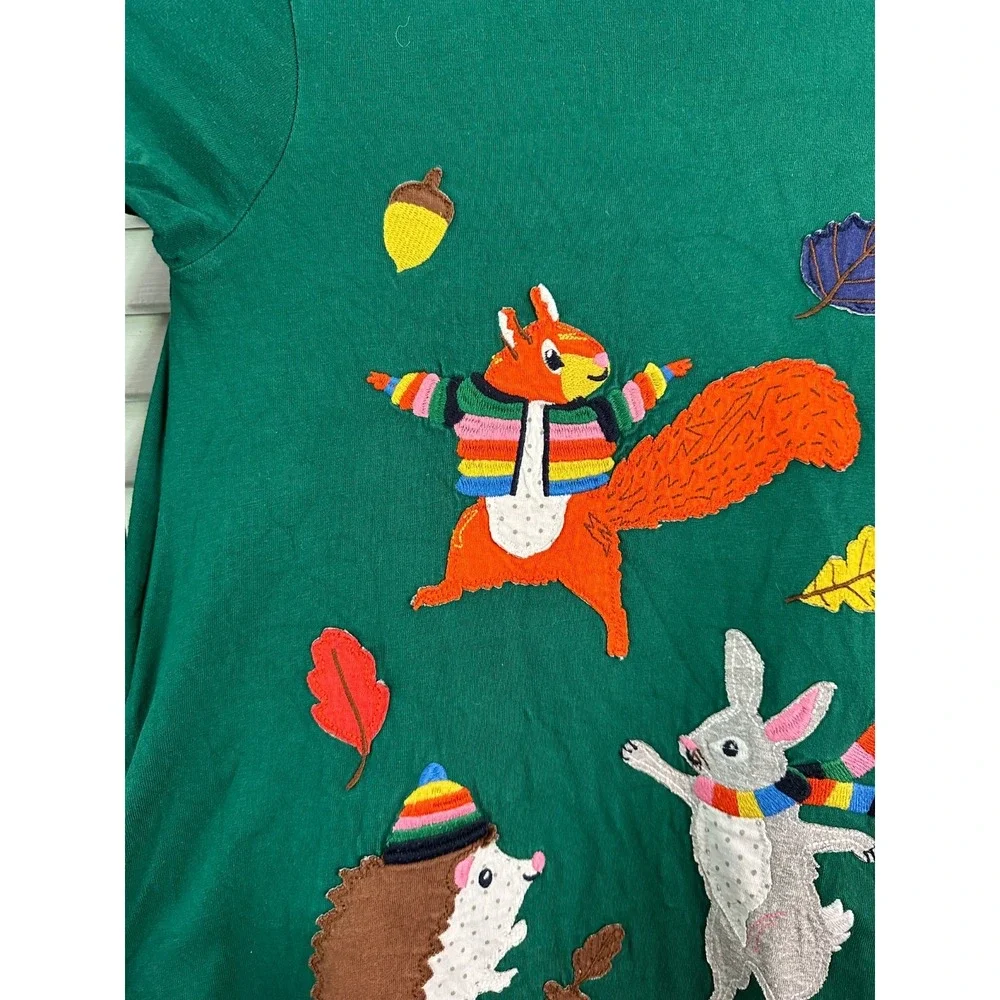 Mini Boden Size 7-8 Green Fall Autumn Forest Animals Applique Long Sleeve Dress